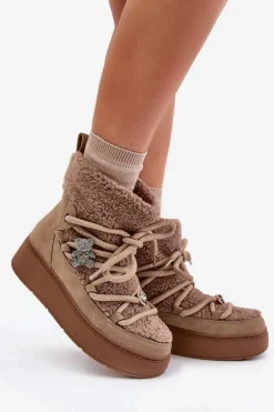 Śniegowce Damskie Z Przypinkami I Futerkiem Typu Baranek Brązowe Almatiza