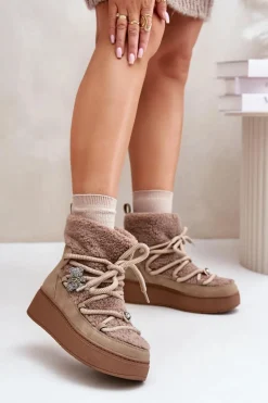 Śniegowce Damskie Z Przypinkami I Futerkiem Typu Baranek Brązowe Almatiza