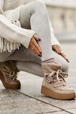 Śniegowce Damskie Z Przypinkami I Futerkiem Typu Baranek Brązowe Almatiza