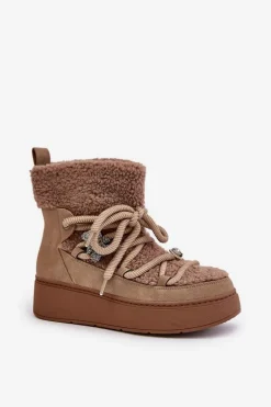 Śniegowce Damskie Z Przypinkami I Futerkiem Typu Baranek Brązowe Almatiza