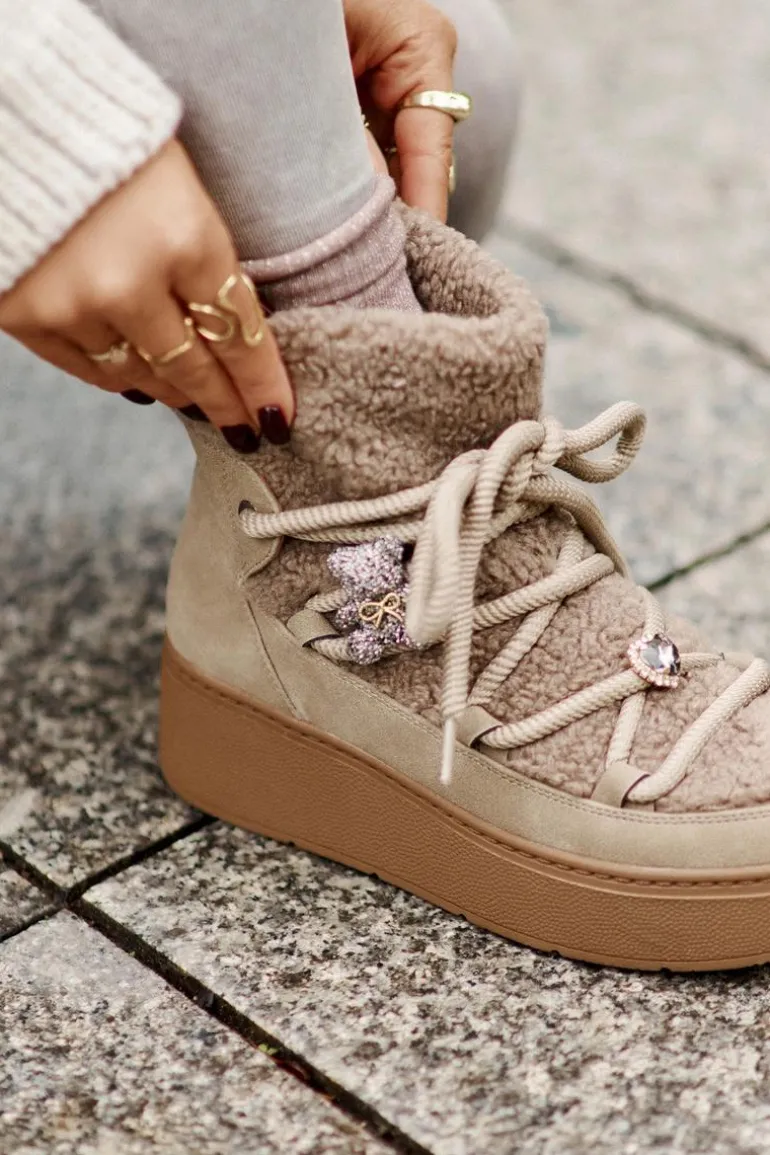 Śniegowce Damskie Z Przypinkami I Futerkiem Typu Baranek Brązowe Almatiza