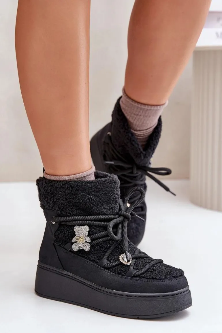 Śniegowce Damskie Z Przypinkami I Futerkiem Typu Baranek Czarne Almatiza