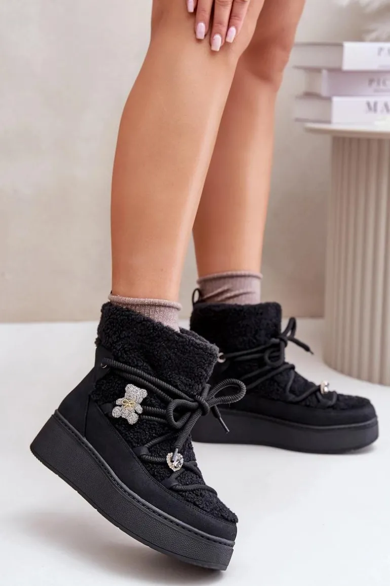 Śniegowce Damskie Z Przypinkami I Futerkiem Typu Baranek Czarne Almatiza