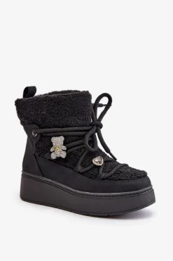 Śniegowce Damskie Z Przypinkami I Futerkiem Typu Baranek Czarne Almatiza