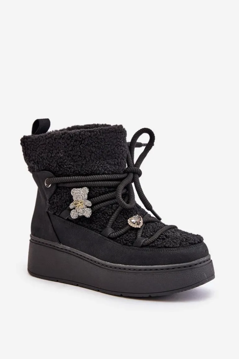 Śniegowce Damskie Z Przypinkami I Futerkiem Typu Baranek Czarne Almatiza