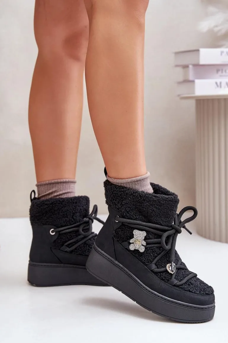Śniegowce Damskie Z Przypinkami I Futerkiem Typu Baranek Czarne Almatiza