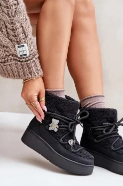 Śniegowce Damskie Z Przypinkami I Futerkiem Typu Baranek Czarne Almatiza