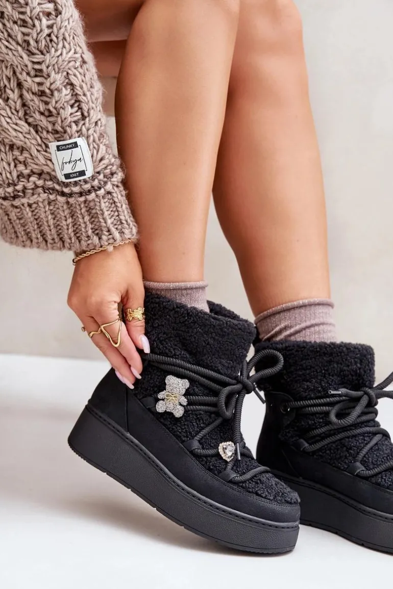 Śniegowce Damskie Z Przypinkami I Futerkiem Typu Baranek Czarne Almatiza