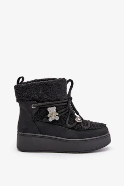 Śniegowce Damskie Z Przypinkami I Futerkiem Typu Baranek Czarne Almatiza