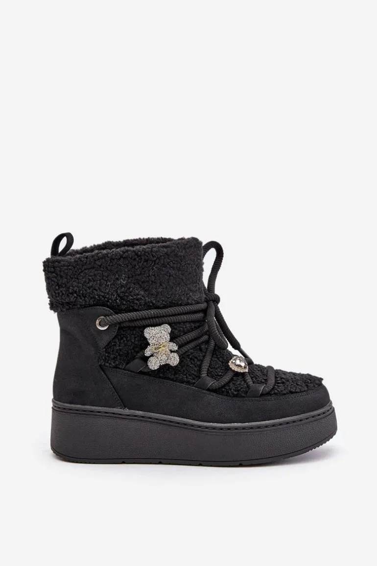 Śniegowce Damskie Z Przypinkami I Futerkiem Typu Baranek Czarne Almatiza