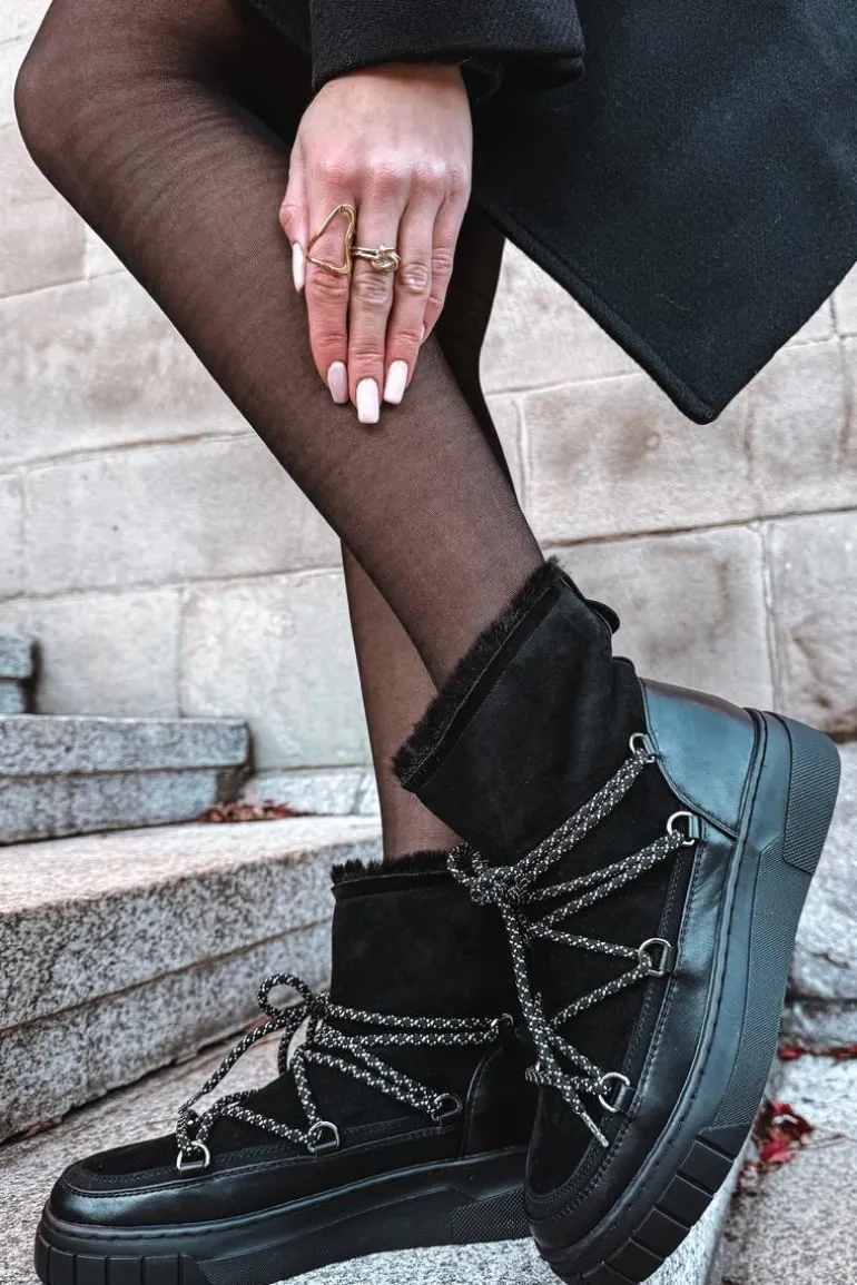 Śniegowce Damskie Z Wiązaniem Czarne Isalisse