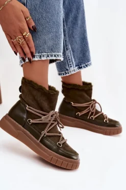 Śniegowce Damskie Z Wiązaniem Ciemnozielone Isalisse