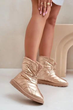 Śniegowce Damskie Ze Ściągaczem Ocieplane Futerkiem Typu Baranek Różowe Złoto Vamidra