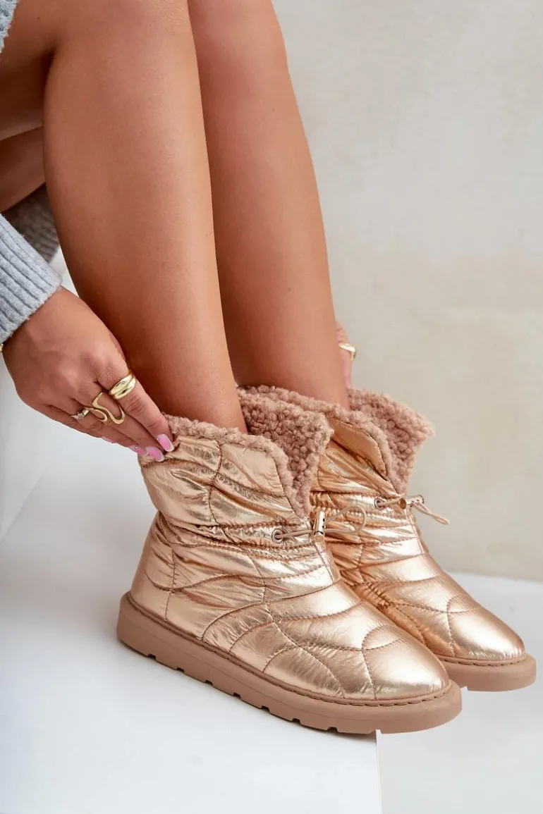 Śniegowce Damskie Ze Ściągaczem Ocieplane Futerkiem Typu Baranek Różowe Złoto Vamidra