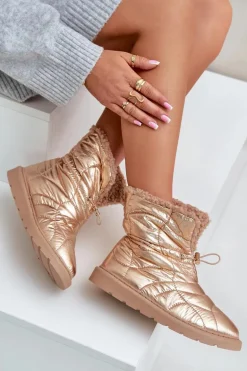 Śniegowce Damskie Ze Ściągaczem Ocieplane Futerkiem Typu Baranek Różowe Złoto Vamidra