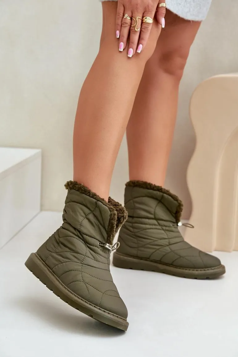 Śniegowce Damskie Ze Ściągaczem Ocieplane Futerkiem Typu Baranek Ciemnozielone Vamidra