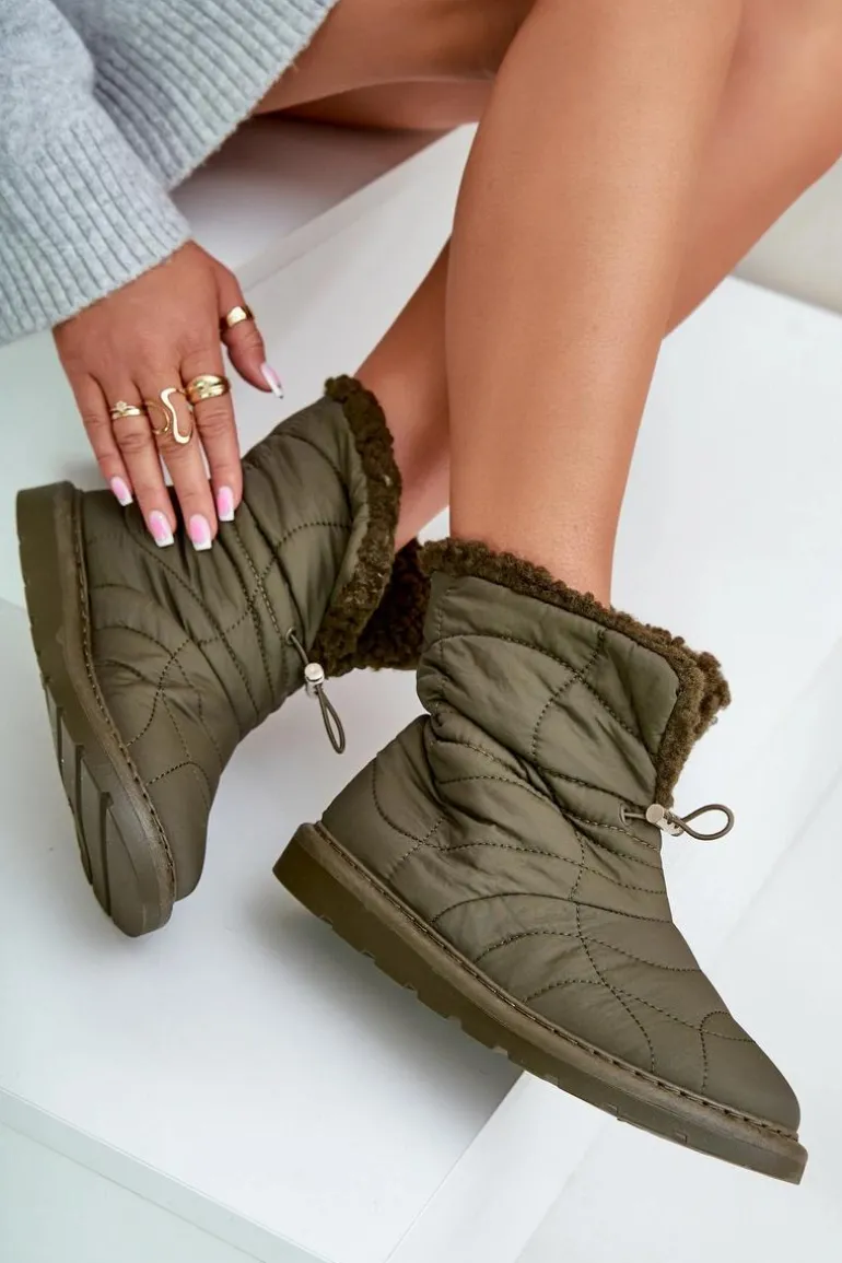 Śniegowce Damskie Ze Ściągaczem Ocieplane Futerkiem Typu Baranek Ciemnozielone Vamidra