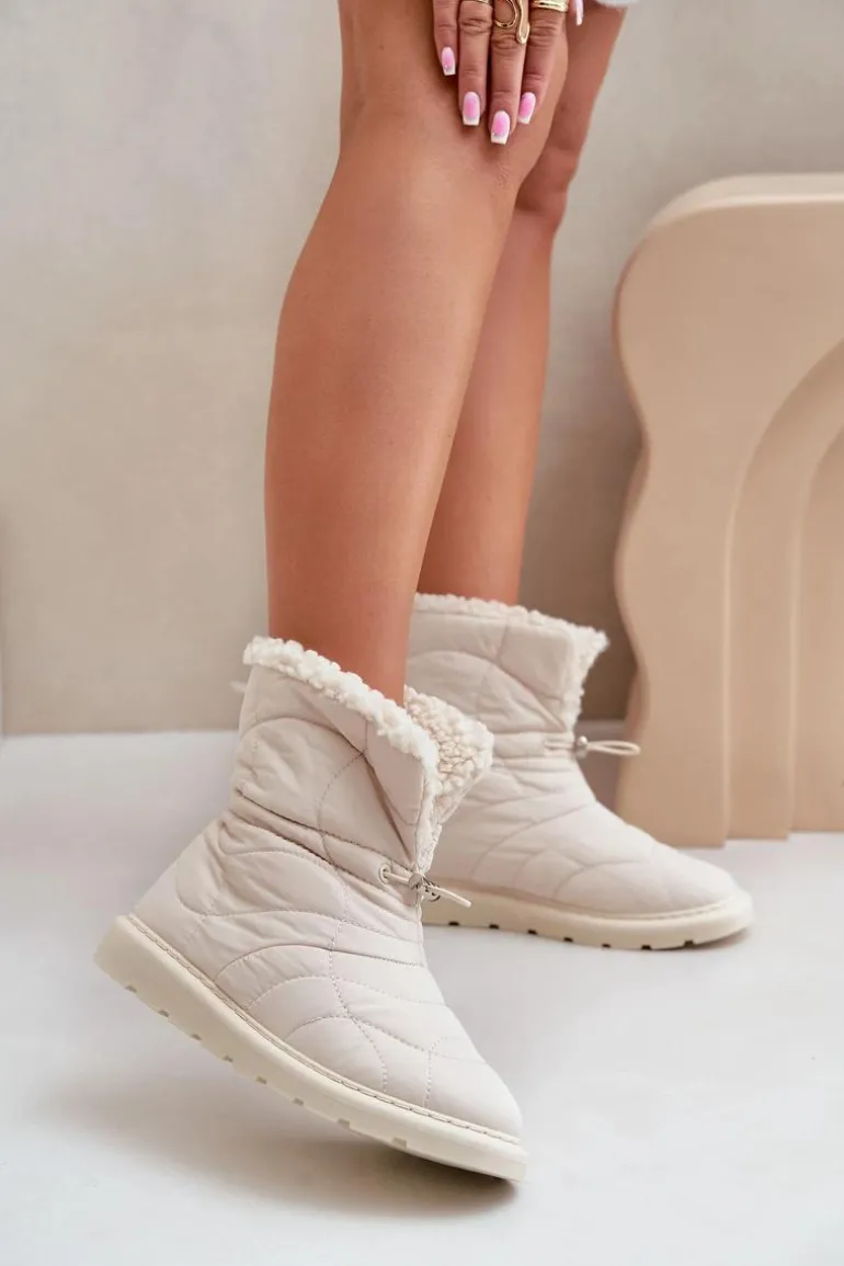 Śniegowce Damskie Ze Ściągaczem Ocieplane Futerkiem Typu Baranek Jasnobeżowe Vamidra