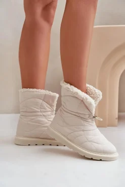 Śniegowce Damskie Ze Ściągaczem Ocieplane Futerkiem Typu Baranek Jasnobeżowe Vamidra