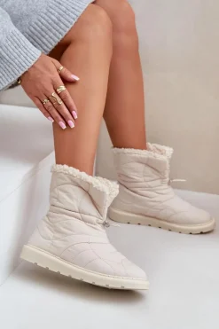 Śniegowce Damskie Ze Ściągaczem Ocieplane Futerkiem Typu Baranek Jasnobeżowe Vamidra