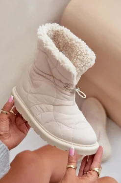 Śniegowce Damskie Ze Ściągaczem Ocieplane Futerkiem Typu Baranek Jasnobeżowe Vamidra