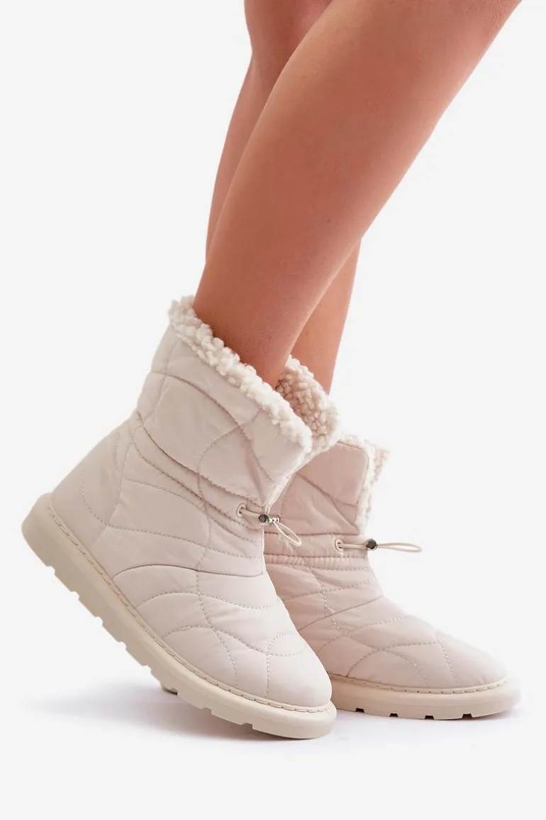 Śniegowce Damskie Ze Ściągaczem Ocieplane Futerkiem Typu Baranek Jasnobeżowe Vamidra