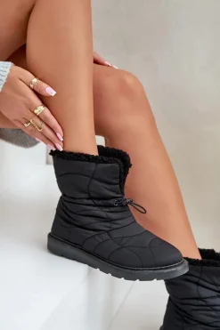 Śniegowce Damskie Ze Ściągaczem Ocieplane Futerkiem Typu Baranek Czarne Vamidra