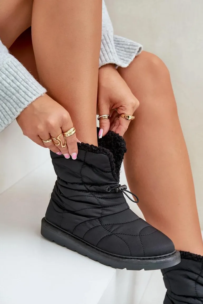 Śniegowce Damskie Ze Ściągaczem Ocieplane Futerkiem Typu Baranek Czarne Vamidra