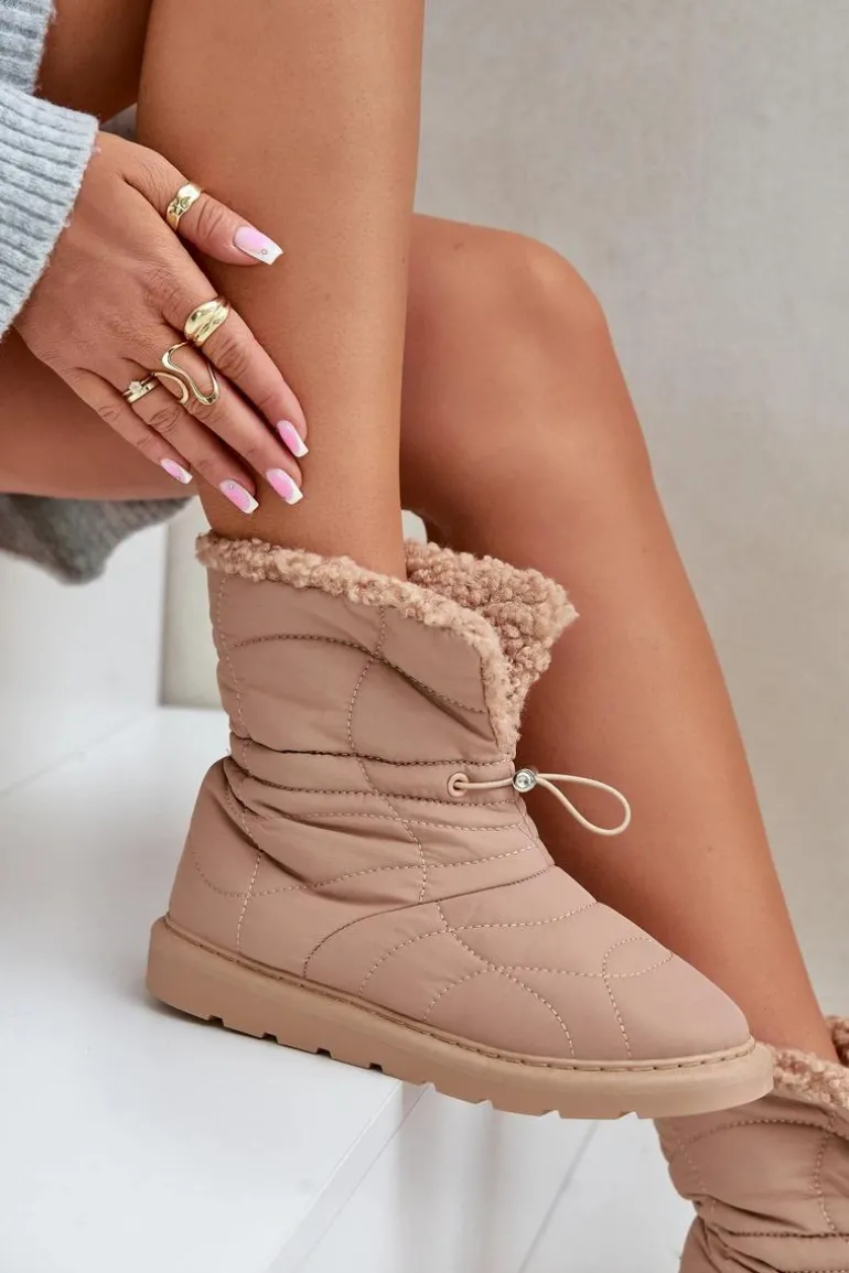Śniegowce Damskie Ze Ściągaczem Ocieplane Futerkiem Typu Baranek Beżowe Vamidra