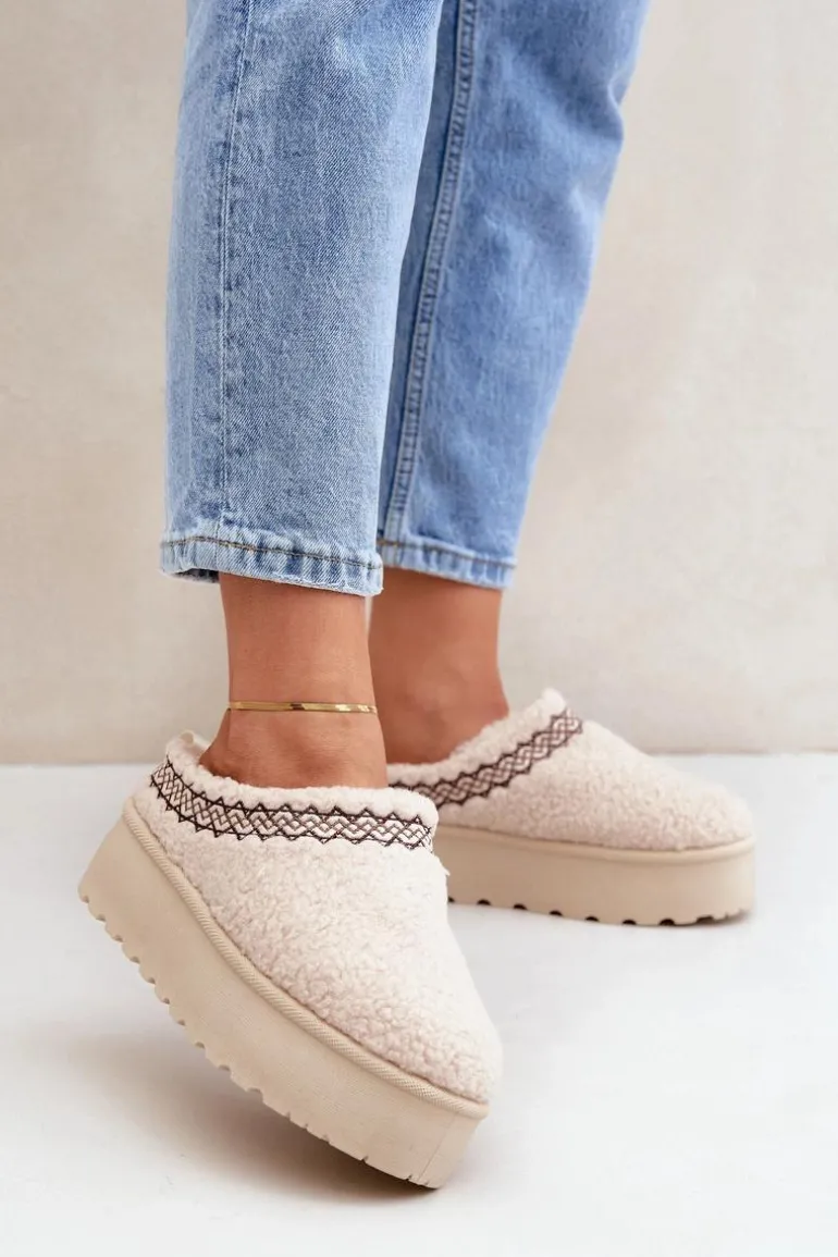 Śniegowce Kapcie Na Platformie Z Futerkiem Typu Baranek Jasnobeżowe Leaniella