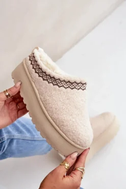 Śniegowce Kapcie Na Platformie Z Futerkiem Typu Baranek Jasnobeżowe Leaniella