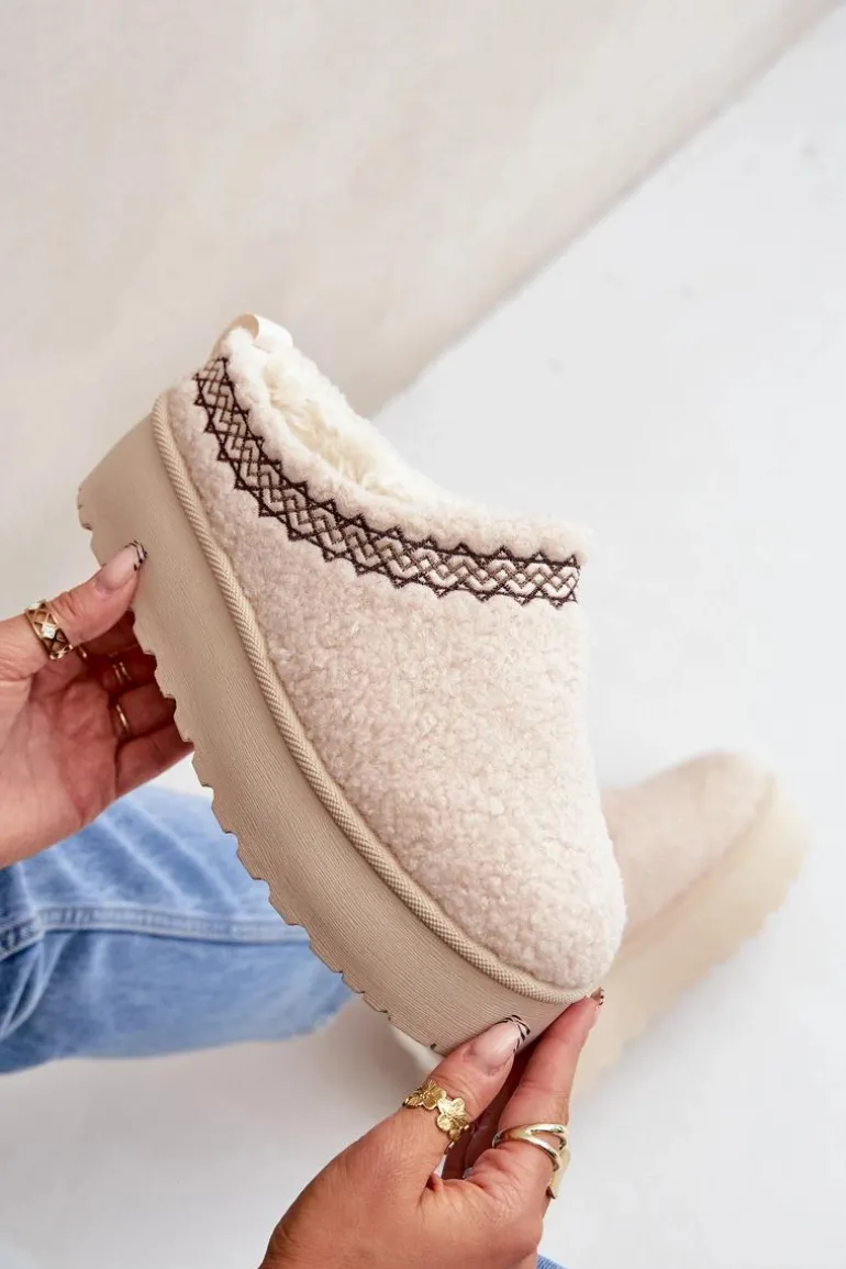 Śniegowce Kapcie Na Platformie Z Futerkiem Typu Baranek Jasnobeżowe Leaniella