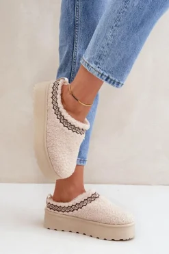 Śniegowce Kapcie Na Platformie Z Futerkiem Typu Baranek Jasnobeżowe Leaniella