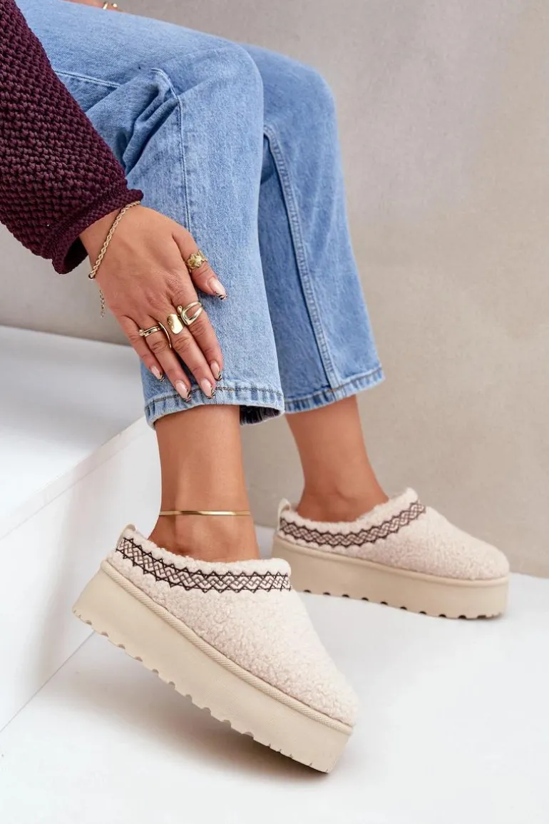 Śniegowce Kapcie Na Platformie Z Futerkiem Typu Baranek Jasnobeżowe Leaniella