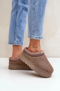 Śniegowce Kapcie Na Platformie Z Futerkiem Typu Baranek Brązowe Ovirissa