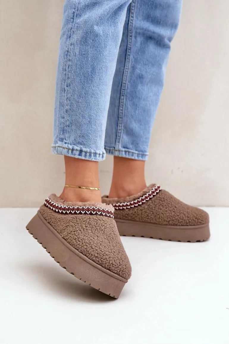 Śniegowce Kapcie Na Platformie Z Futerkiem Typu Baranek Brązowe Ovirissa
