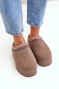 Śniegowce Kapcie Na Platformie Z Futerkiem Typu Baranek Brązowe Ovirissa