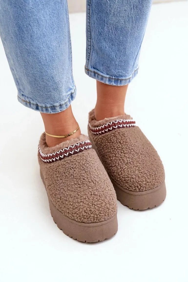 Śniegowce Kapcie Na Platformie Z Futerkiem Typu Baranek Brązowe Ovirissa