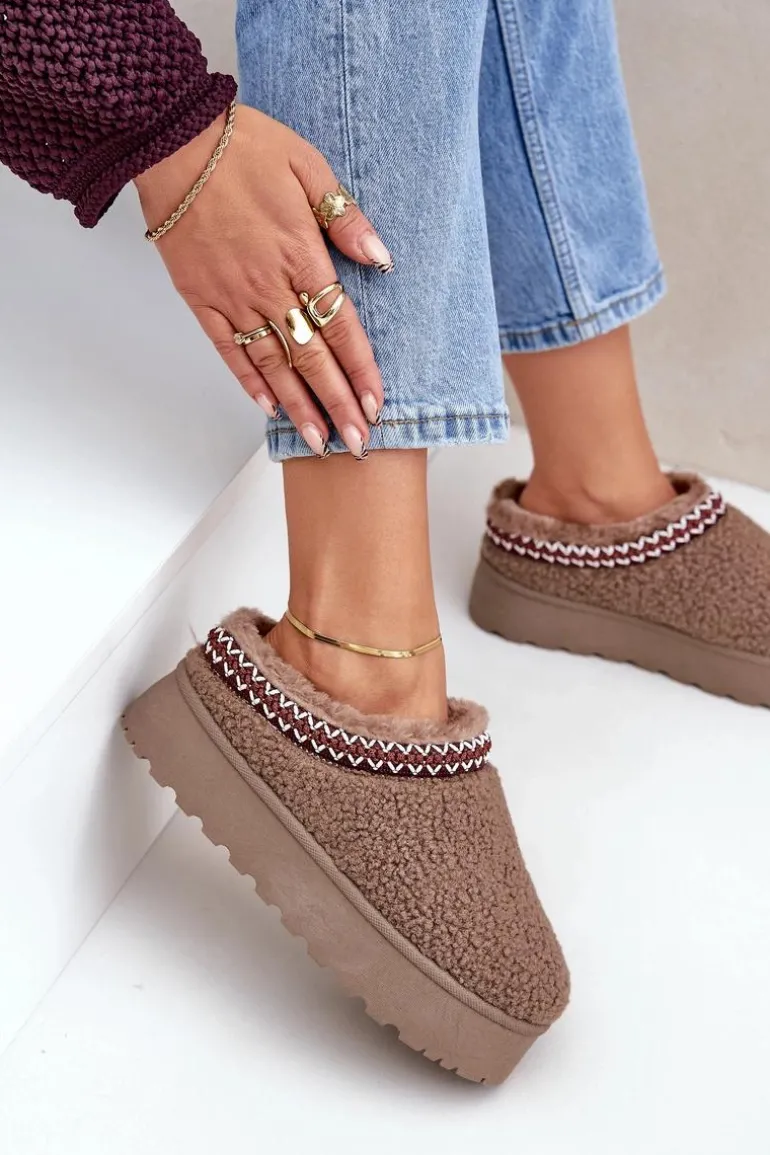 Śniegowce Kapcie Na Platformie Z Futerkiem Typu Baranek Brązowe Ovirissa