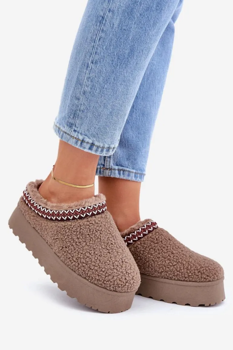 Śniegowce Kapcie Na Platformie Z Futerkiem Typu Baranek Brązowe Ovirissa