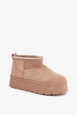 Śniegowce Na Platformie Z Ozdobnym Haftem Beżowe Heslania