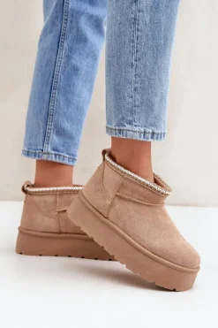 Śniegowce Na Platformie Z Ozdobnym Haftem Beżowe Heslania