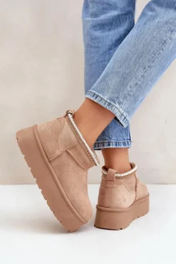 Śniegowce Na Platformie Z Ozdobnym Haftem Beżowe Heslania