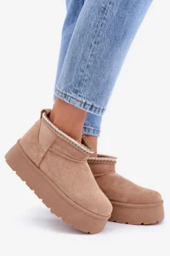 Śniegowce Na Platformie Z Ozdobnym Haftem Beżowe Heslania