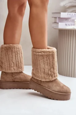 Śniegowce Na Platformie Z Wywiniętą Cholewką Beżowe Lisonea