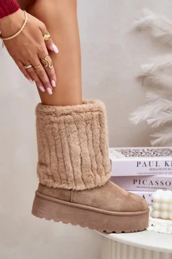 Śniegowce Na Platformie Z Wywiniętą Cholewką Beżowe Lisonea