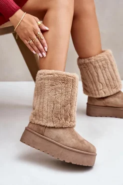 Śniegowce Na Platformie Z Wywiniętą Cholewką Beżowe Lisonea