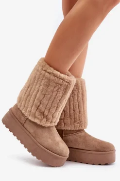 Śniegowce Na Platformie Z Wywiniętą Cholewką Beżowe Lisonea