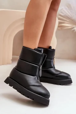 Śniegowce Na Platformie Z Zamkiem Eko Skórzane Czarne Resisia