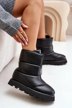 Śniegowce Na Platformie Z Zamkiem Eko Skórzane Czarne Resisia